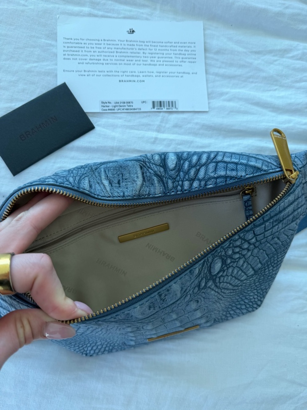 Brahmin Blue Croc-Embossed Denim Cross Body Hollis Pouch Bag - Picture 5 of 7
